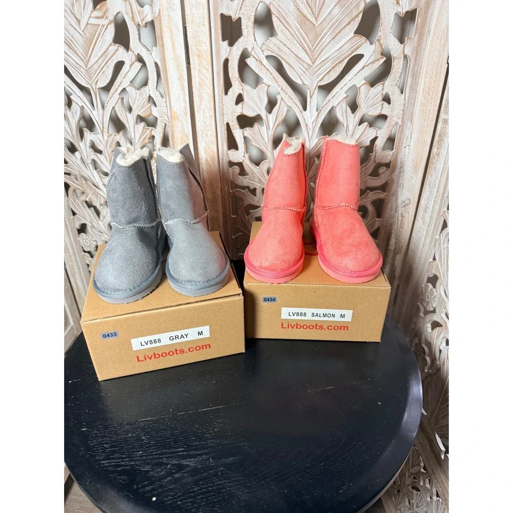 Livboots Kids Winter Boots Gray Salmon Pink Faux Fur Lined Toddler Size 10-11